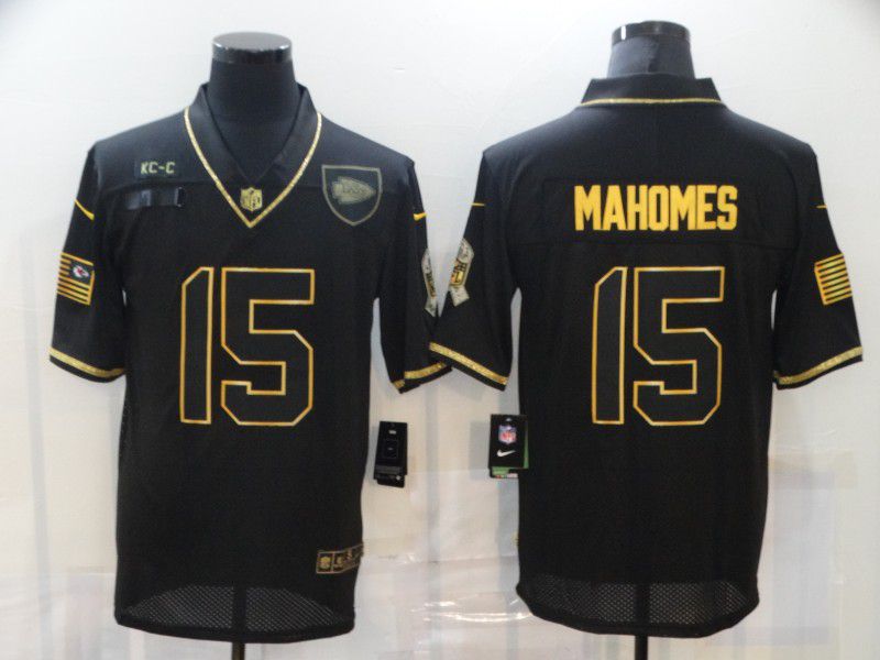 Men Kansas City Chiefs 15 Mahomes Black Retro Gold Lettering 2020 Nike NFL Jersey